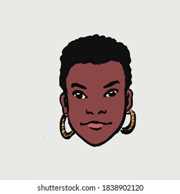 Dibujó una simple ilustración vectorial de una joven afroamericana con pelo corto negro y grandes pendientes. Retrato.
