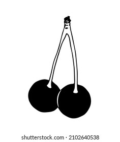 Hand drawn simple vector illustration. Two cherries on a branch isolated on a white background. For printing, labels, stickers. Food and drinks. Fruits and berries.