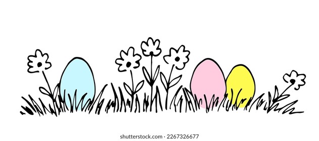 Hand drawn simple vector illustration with black outline. Colored Easter eggs in grass and flowers. Ink sketch.