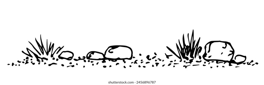 Hand drawn simple vector illustration with black outline. Bushes of grass, stones and sand, steppe plants, prairie, desert area. Nature and vegetation. Sketch in ink.