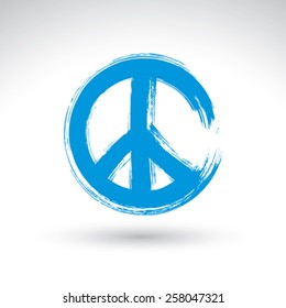 Hand drawn simple vector peace icon, brush drawing blue realistic peace symbol, hand-painted hippy sign isolated on white background.