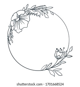 Hand drawn simple wreath with blooming flowers. Outline frame with blossom meadow flowers. Vector decoration frame for wedding, invitation, template, card, stamp.