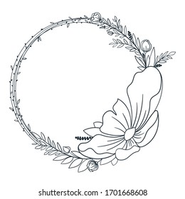 Hand drawn simple wreath with blooming flowers and plants. Outline frame with blossom meadow flowers. Vector decoration frame for wedding, invitation, template, card, stamp.