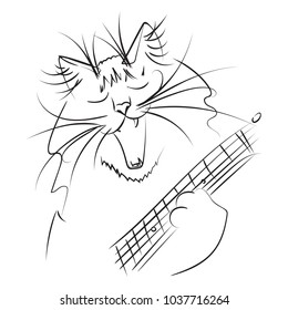 Hand Drawn Singing Cat. Black and White Vector Illustration