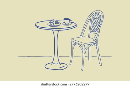 Hand Drawn Single Bistro Table and Chair Doodle - Sketched Outdoor Cafe Furniture with Coffee and Croissant for Minimalist Design and Menu Decoration.