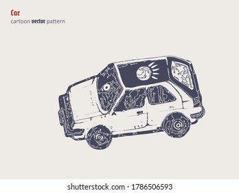 Hand Drawn single color car in cartoon style with simple background. Vector illustration.