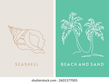 Hand drawn single continuous line logos. Line icons. Shell and palm tree drawing in one line. Simple minimalistic style. Vector templates. For tourism, vacation, travel.  