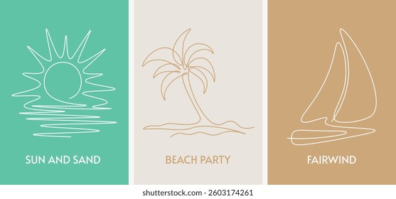 Hand drawn single continuous line logos. Line icons. Palm tree, sailboat and sun drawing in one line. Simple minimalistic style. Vector templates. For tourism, vacation, travel.