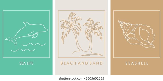 Hand drawn single continuous line logos. Icons lineart. Palm trees, dolphin, seashell drawing in one line. Editable stroke. Simple minimalistic style. Vector templates. For tourism, travel, vacation.