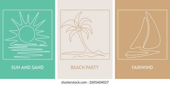Hand drawn single continuous line logos. Icons lineart. Palm tree, sailboat, sun drawing in one line. Editable stroke. Simple minimalistic style. Vector templates. For tourism, vacation, travel.