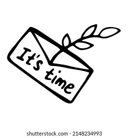 Hand drawn single cute doodle envelope with a cute sprig with leaves. Vector illustration isolated on white background for logo and T-shirt print. Ecology green concept.