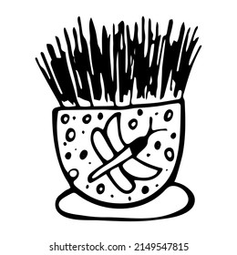 Mano dibujó un lindo pasto de doodle en una maceta de flores. Planta de habitaciones para una casa y oficina acogedora. Ilustración vectorial aislada en fondo blanco.