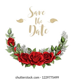 Hand drawn single flower red rose on white background with lettering. Design holiday happy Valentines day greeting card.