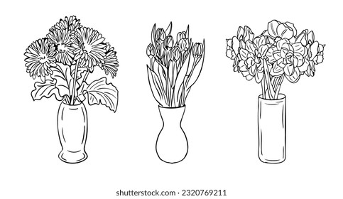 Hand drawn single line bouquets of flowers in vases. Vector isolated gerberas, tulipses and daffodils. Unique sketch illustration. Perfect for coloring pages, tatoo, background, wrapping paper, border