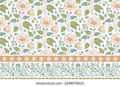 mão desenhada única linha floral padrão sem emenda com borda combinando simplicidade e desenhos abstratos de flores grande para tecidos de mesa, papel de parede e impressão têxtil moderna

