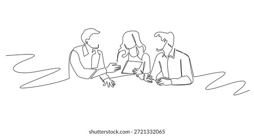 Ilustración de una sola línea dibujada a mano que muestra a dos hombres y una mujer en una discusión en equipo. Estilo lineal limpio que representa la comunicación y la cooperación profesional.