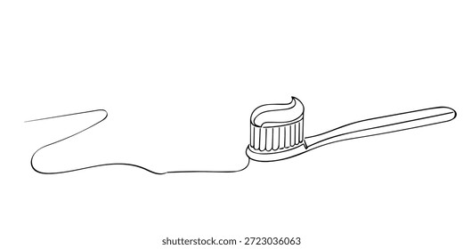 Hand drawn single line illustration of a toothbrush. Line art style with clean and minimalist outline, representing oral hygiene, dental care, and daily health routine.