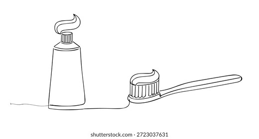Hand drawn single line illustration of a toothbrush and toothpaste. Line art style with clean and minimalist outline, representing oral hygiene, dental care, and daily health routine.