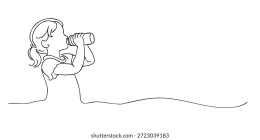 Ilustração de linha única desenhada à mão de uma jovem menina bebendo leite. Estilo de arte de linha com contorno limpo e minimalista, representando nutrição saudável, rotina diária e bem-estar infantil.