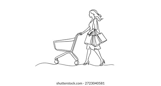 Ilustração de linha única desenhada à mão de uma mulher empurrando um carrinho de compras e carregando sacos de papel. Estilo de arte de linha com contorno limpo e minimalista, representando a atividade de compras, estilo de vida de varejo e experiência do consumidor.