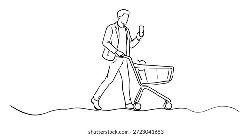 Dibujado a mano ilustración de una sola línea de un hombre empujando un carrito de compras mientras sostiene un teléfono inteligente. Estilo de arte de línea con contorno limpio y minimalista, que representa compras modernas, estilo de vida digital y tecnología minorista.