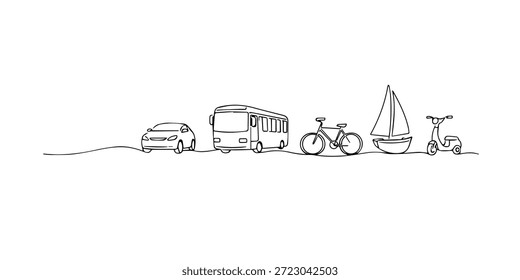 Handgezeichnete, einzeilige Darstellung verschiedener Transportfahrzeuge in einer Reihe. Line Art Stil mit sauberem und minimalistischem Umriss, der Mobilität, Transportmöglichkeiten und modernes Reisekonzept repräsentiert.