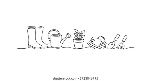 Ilustración de una sola línea dibujada a mano de herramientas de jardinería dispuestas en una fila. Estilo de arte de línea con contorno limpio y minimalista, que representa el fondo del jardín, la actividad de jardinería y el concepto de cuidado de plantas al aire libre.