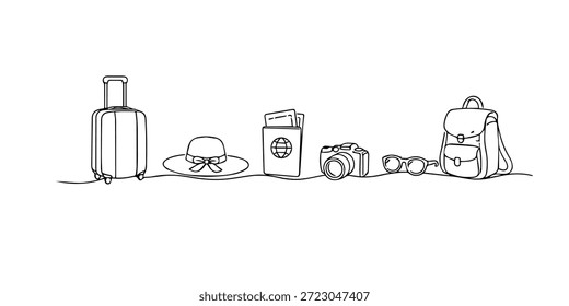 Dibujado a mano ilustración de una sola línea de artículos de viaje dispuestos en una fila. Estilo de arte de línea con contorno limpio y minimalista, que representa el fondo de viaje, el concepto de turismo y el estilo de vida de vacaciones.