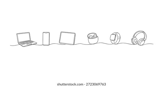 Dibujado a mano ilustración de una sola línea de dispositivos digitales modernos dispuestos en una fila. Estilo de arte de línea con contorno limpio y minimalista, que representa el fondo de la tecnología, el estilo de vida digital y el concepto de dispositivo inteligente.