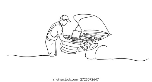Hand drawn single line illustration of a car mechanic diagnosing a vehicle engine with a laptop. Line art style with clean and minimalist outline, representing automotive service, car repair, and technical inspection concept.