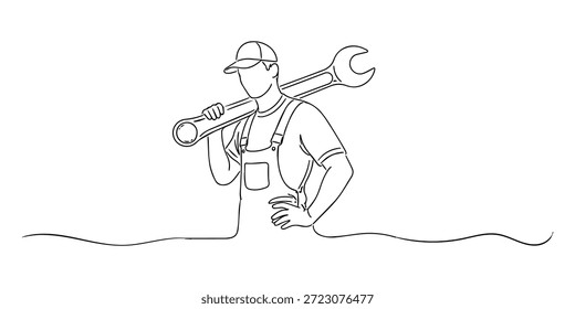 Ilustração em linha única desenhada à mão de um mecânico carregando uma chave inglesa em seu ombro. Estilo de arte de linha com contorno limpo e minimalista, representando serviço de reparo, trabalho de manutenção e conceito de técnico profissional.