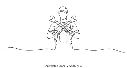 Dibujado a mano ilustración de una sola línea de un mecánico que sostiene llaves cruzadas. Estilo de contorno limpio que representa servicio de reparación, trabajo de mantenimiento y habilidades técnicas profesionales.
