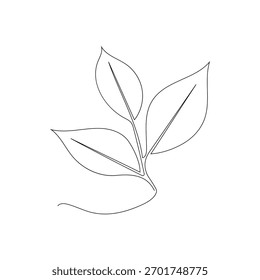 Hand drawn single line leaves branch, continuous line art, doodle vector illustration.