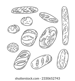 Pan y bollos dibujados a mano en una sola línea. Baguettes aisladas por vectores, bollos con semillas y pan artesanal. Ilustración de esbozo única. Perfecto para colorear páginas, tatuajes, fondo, papel envolvente