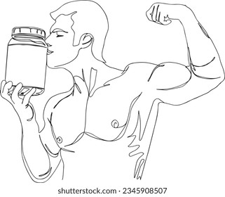 Hand drawn single line sketch drawing cartoon illustration of Muscular Man's Ad Kissing Favorite Protein Powder Container, Fit Man Embracing Powder Jar, Muscleman's Love for Protein Container