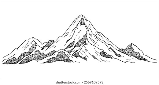 hand drawn single mountain peak with surrounding ridges