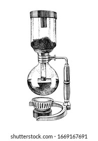 Hand drawn siphon coffee maker icon. Vector illustration in retro style