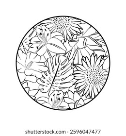 Hand drawn sircle shape floral sketch. Colouring page template. Floral emblem.