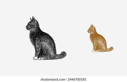 Gato sentado dibujado a mano iluminado desde la vista lateral, Ilustración vectorial dibujada a mano de animal doméstico