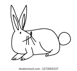 Hand drawn sitting cute contour line rabbit, childish design, isolated vector illustration