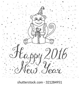 Hand drawn sitting monkey with  present box, calligraphy sign 2016 year of the Monkey, Happy New Year decoration vector element, Perfect design for a Xmas card. Chinese zodiac, holiday concept