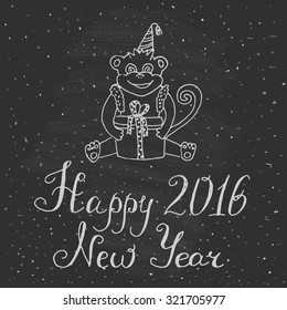 Hand drawn sitting monkey with  present box, calligraphy sign 2016 year of the Monkey, Happy New Year decoration vector element, Perfect design for a Xmas card. Chinese zodiac, holiday concept