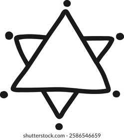 Hand drawn six pointed star with dots at each point, symbolizing Jewish identity, religion, and culture, creating a simple yet meaningful representation of Judaism