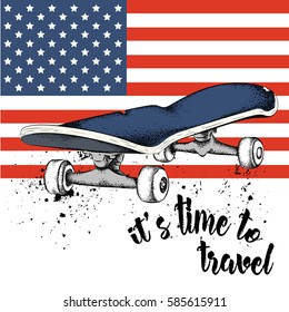 Hand drawn Skate on background. Print of USA flag. hand drawn vector