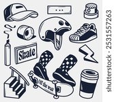 hand drawn skateboard elements collection, hand drawn sketch design. Vector illustration