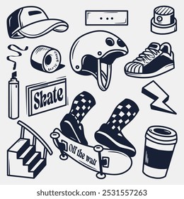 hand drawn skateboard elements collection, hand drawn sketch design. Vector illustration