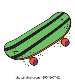 Hand drawn skateboard. Skateboarding doodle illustration. Cartoon style skateboard isolated on white background