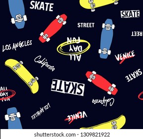 Hand drawn skateboarding elements seamless pattern. Skate background. Skateboarding doodle illustration. Vector illustration. Seamless pattern with cartoon skateboards, slogans. 