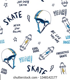 Hand drawn skateboarding elements seamless pattern. Skate background. Skateboarding doodle illustration. Vector illustration. Seamless pattern with cartoon  skateboard, helmet.