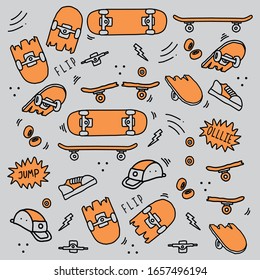Hand drawn skateboarding elements seamless pattern. skateboard background. Skateboarding doodle illustration. Vector illustration. Seamless pattern with skateboard, hat, equipment etc.